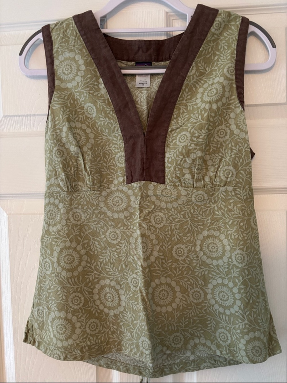 Patagonia Green Floral Tank with Brown V-Neck Trim